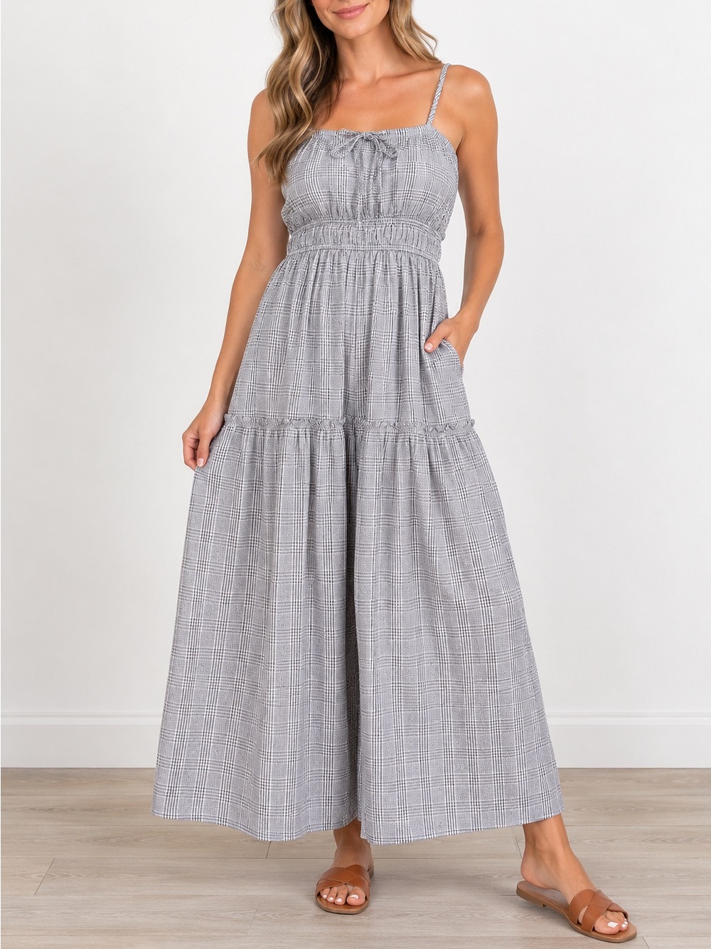 Lucky And Coco Womens Gray Blue Plaid Maxi Smocked Tiered Maxi Dress, Size Large